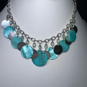 Silver Tone Blue‎ And Silver Shimmer Disc Necklace